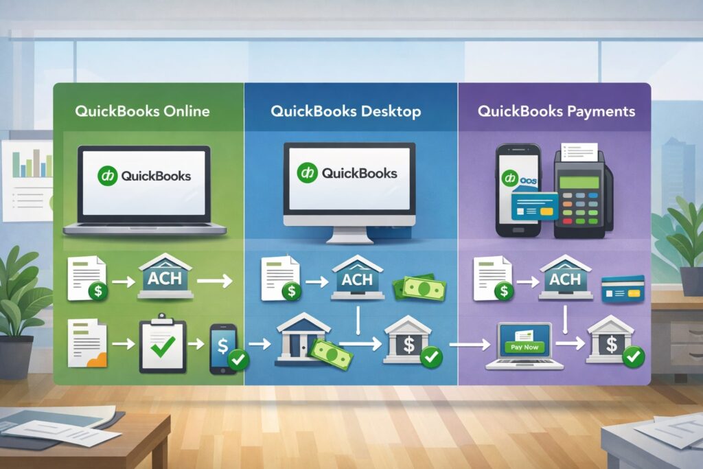 Which QuickBooks products support ACH payments and how the workflows differ