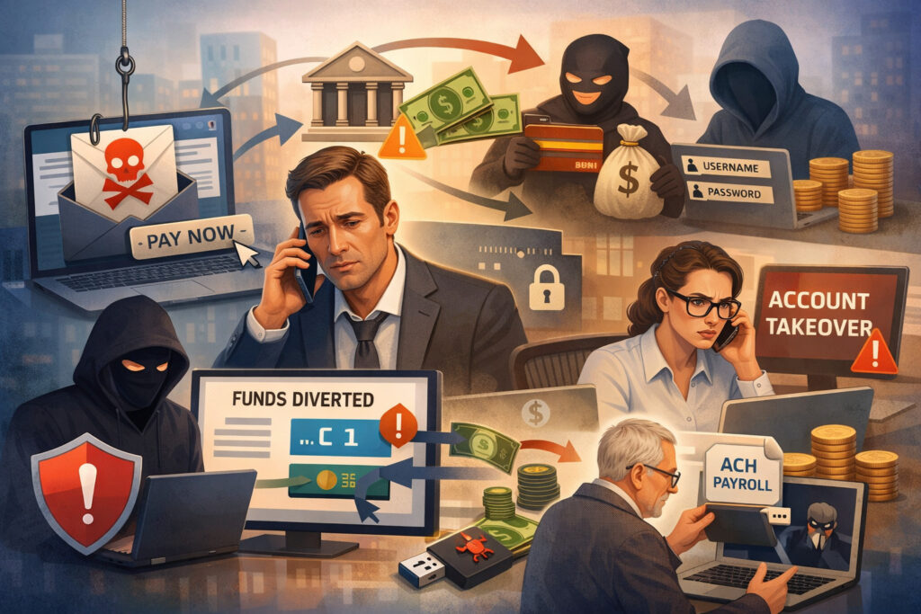 Illustration of common ACH fraud scenarios including phishing emails, account takeover, payment diversion, and payroll manipulation targeting businesses in digital banking environments