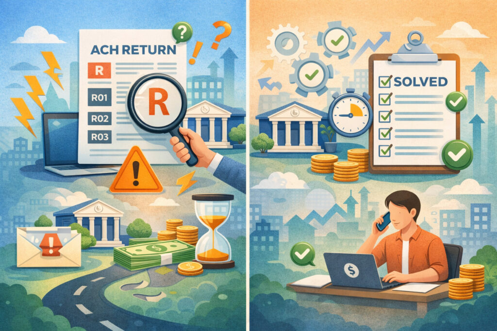 Illustration of ACH return code resolution process with error review, magnifying glass, checklist, gears, and business professional improving payment collection efficiency