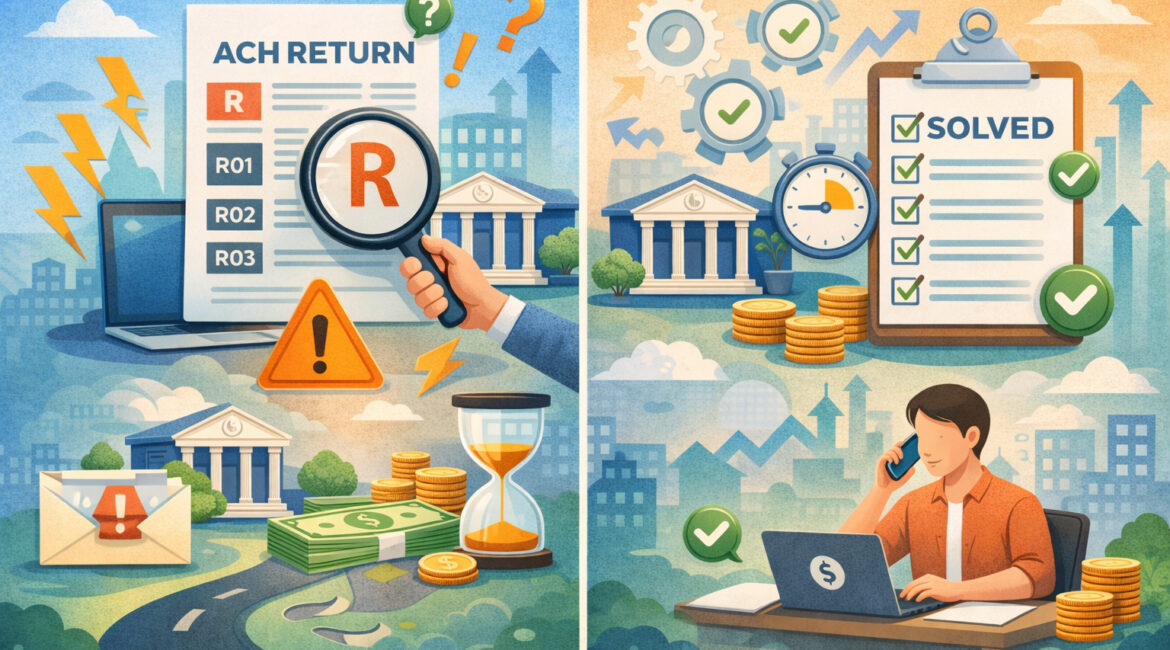 Illustration of ACH return code resolution process with error review, magnifying glass, checklist, gears, and business professional improving payment collection efficiency
