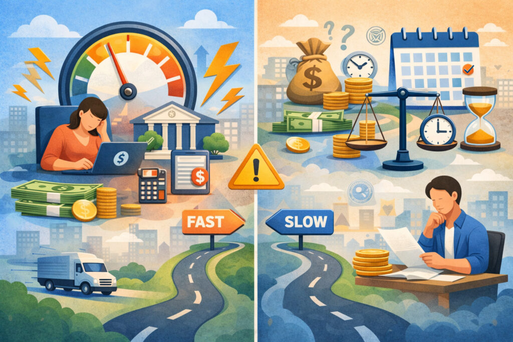 Illustration showing comparison of fast and standard ACH payments with speed gauge, money stacks, balance scale, clocks, and business decision-making elements