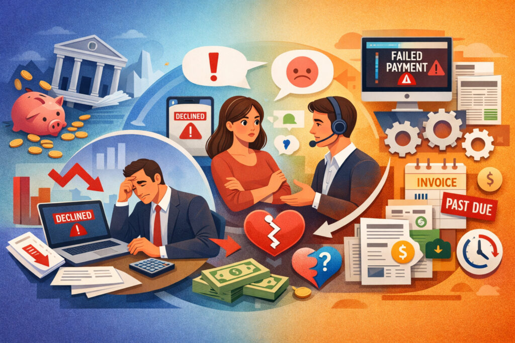 Illustration showing impact of ACH payment returns on business cash flow, customer relationships, and recurring billing with declined transactions, financial loss, and payment processing issues