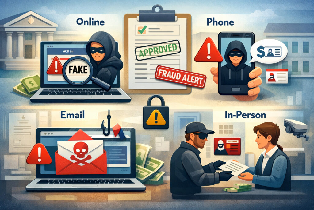 Man examining ACH authorization form with magnifying glass while fraud warning icons and hacker in background highlight risks of fake payment authorization