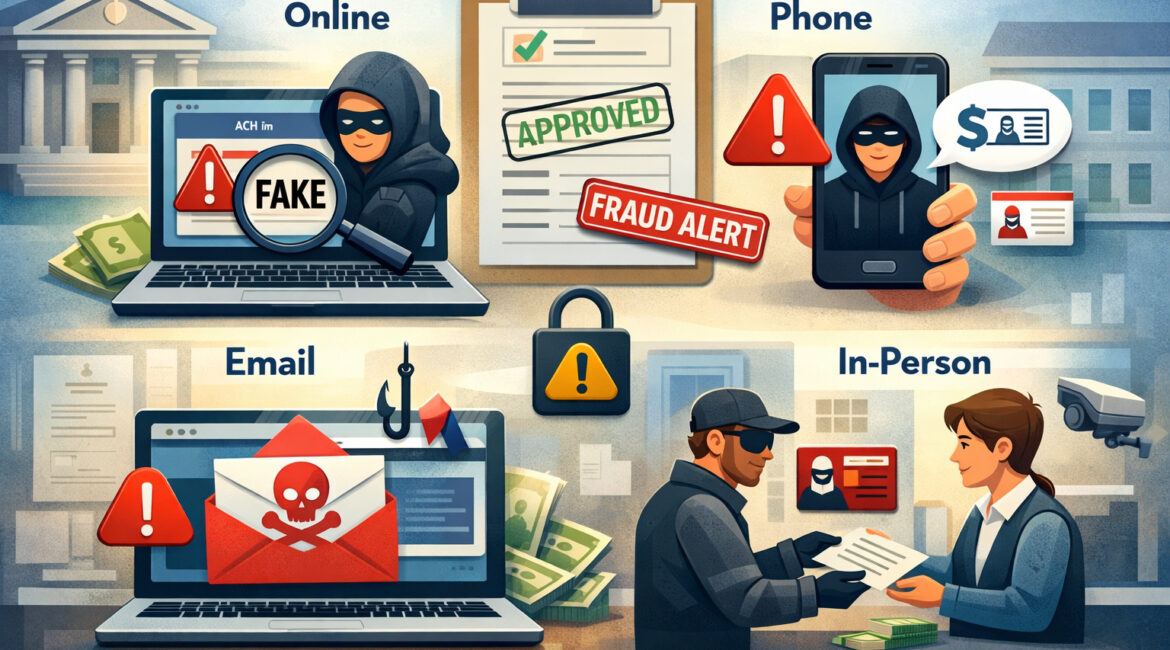 Man examining ACH authorization form with magnifying glass while fraud warning icons and hacker in background highlight risks of fake payment authorization