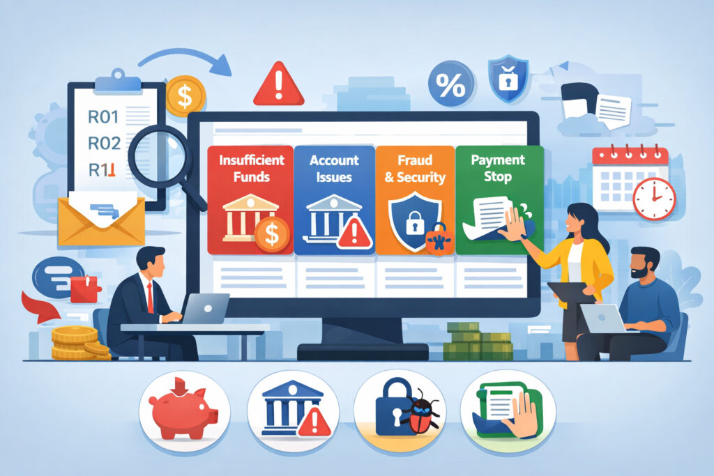 Illustration of ACH payment processing with NACHA return code categories including insufficient funds, account issues, fraud and security, and payment stop, shown with financial icons and business professionals analyzing transactions