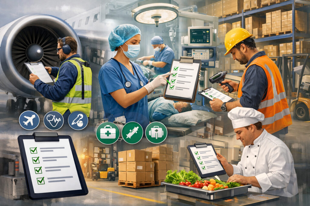 Checklist-driven operations across industries including aviation maintenance, healthcare surgery, warehouse logistics, and commercial kitchen workflows with professionals using digital checklists for accuracy and safety