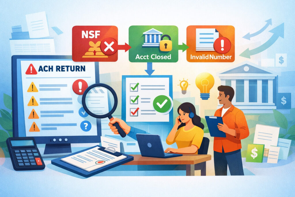 Illustration of ACH return processing workflow showing payment errors, bank account issues, and customer support resolving failed transactions with financial icons and dashboard interface