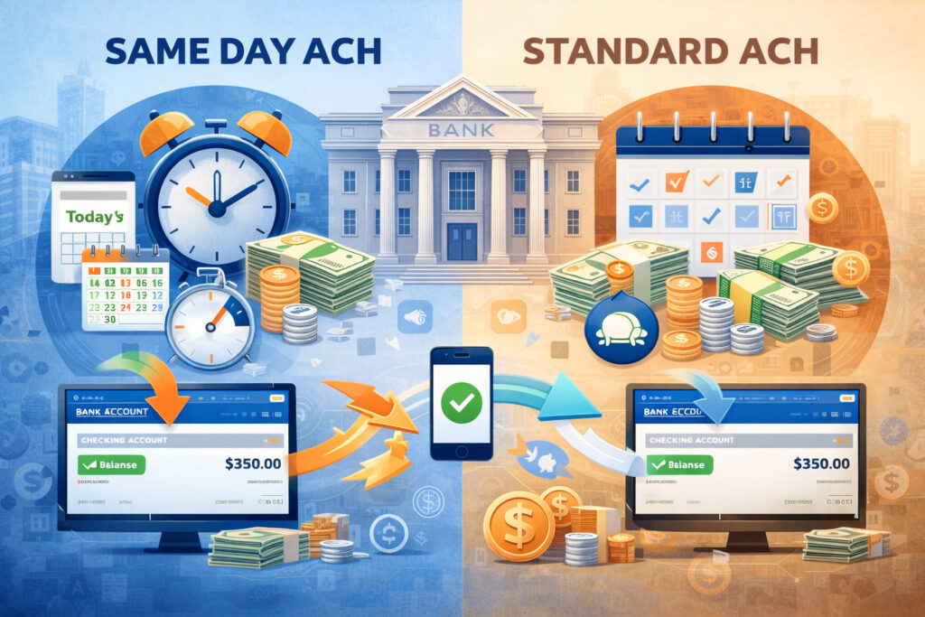 Side-by-side comparison of Same Day ACH and Standard ACH payments showing fast real-time transfers versus delayed batch processing with clocks, bank systems, and financial transaction icons