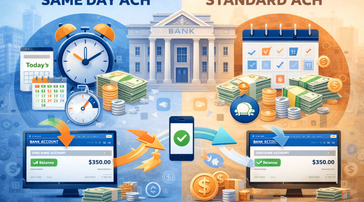 Side-by-side comparison of Same Day ACH and Standard ACH payments showing fast real-time transfers versus delayed batch processing with clocks, bank systems, and financial transaction icons