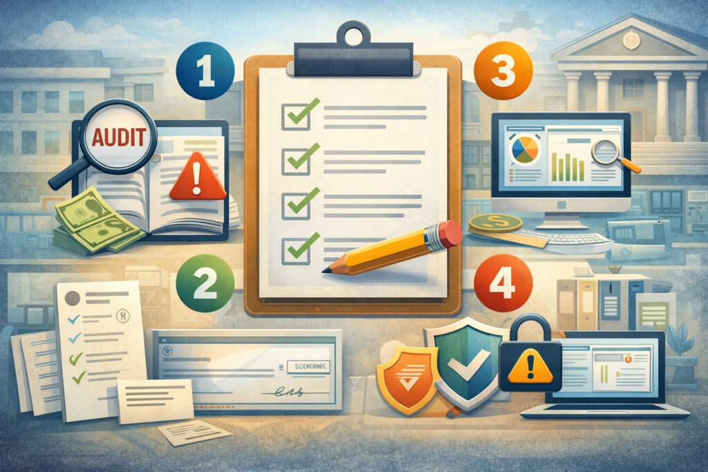 Illustration of an ACH audit checklist process with a clipboard, verification steps, financial documents, security icons, and compliance review elements in a structured workflow