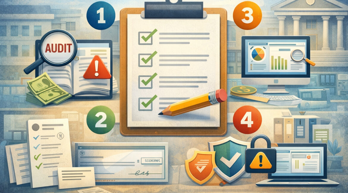 Illustration of an ACH audit checklist process with a clipboard, verification steps, financial documents, security icons, and compliance review elements in a structured workflow