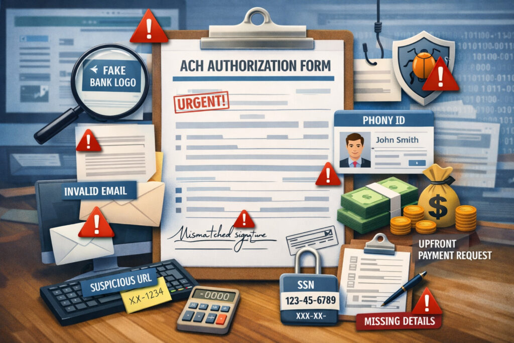 Fraudulent ACH authorization form warning signs illustration showing suspicious documents, fake bank details, phishing indicators, and financial fraud risk elements