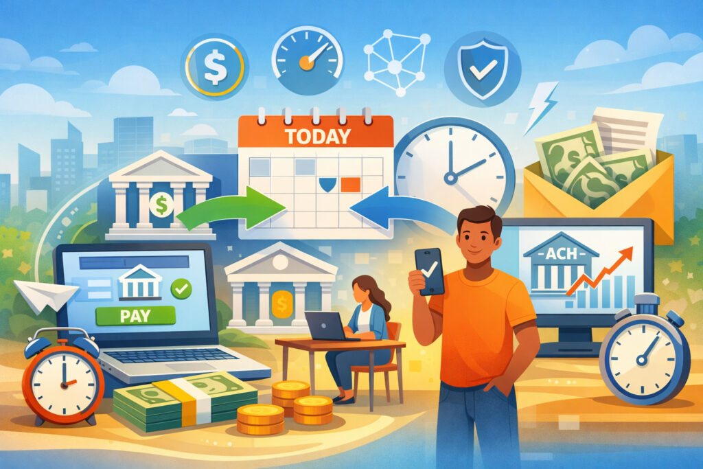 Same-day ACH payment concept illustration with digital banking devices, instant fund transfer arrows, clocks, and financial icons representing fast electronic transactions