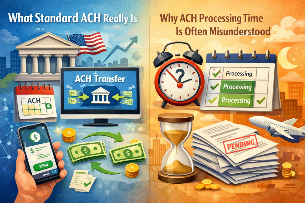 Illustration of standard ACH payment processing showing bank transfers, digital payments, and delays caused by batch processing, with clock, calendar, and pending transaction symbols