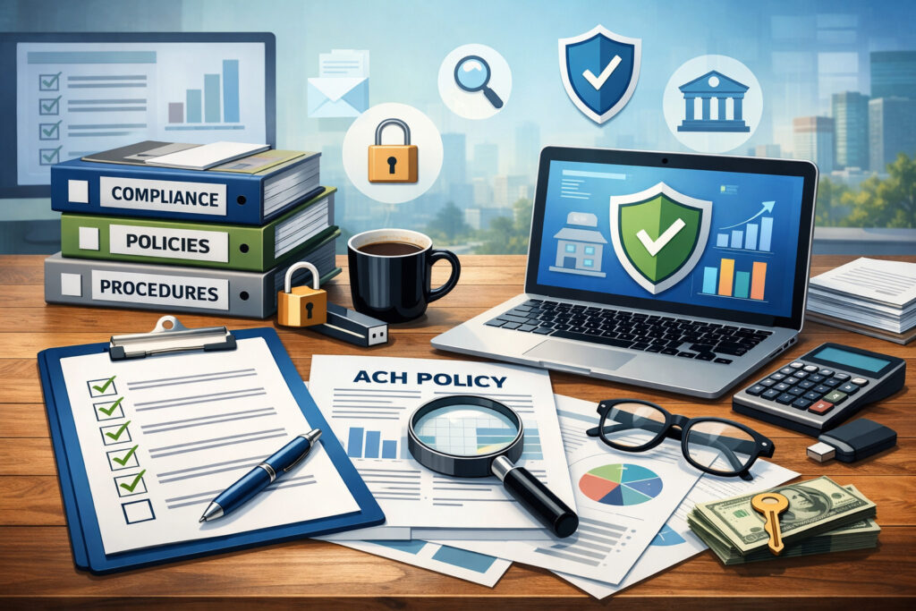 ACH compliance audit preparation workspace with financial documents, checklist, laptop, security icons, and business compliance tools on desk