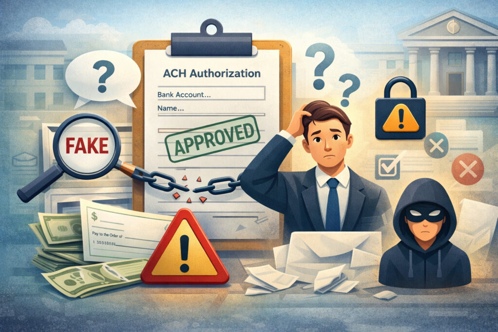 Illustration showing risks of incomplete ACH authorization forms with missing details, fraud indicators, warning icons, and financial documents suggesting payment processing vulnerabilities