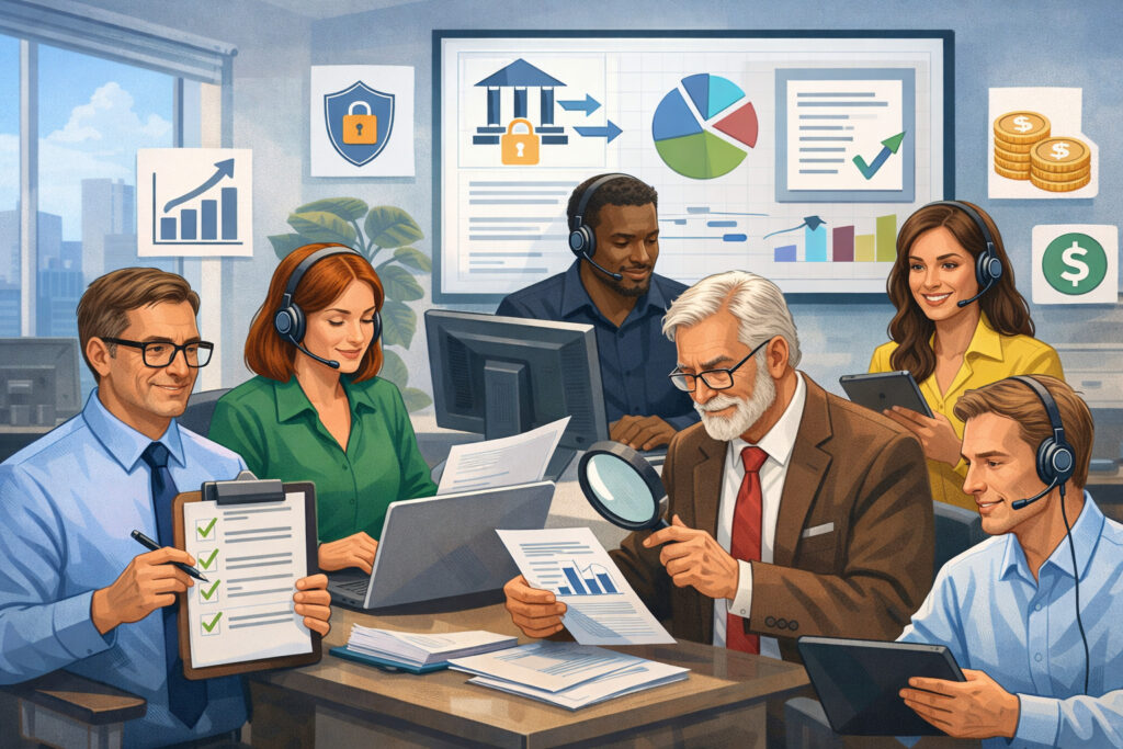Team of finance, compliance, and IT professionals collaborating on an annual ACH audit process with digital security and payment icons in a modern office setting