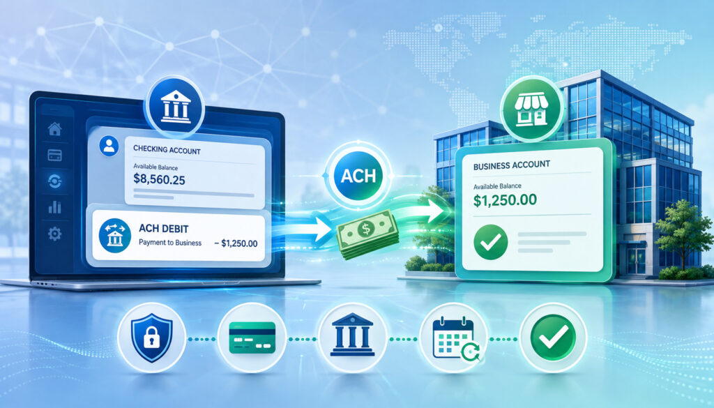 ACH debit payment transferring funds from a customer bank account to a business