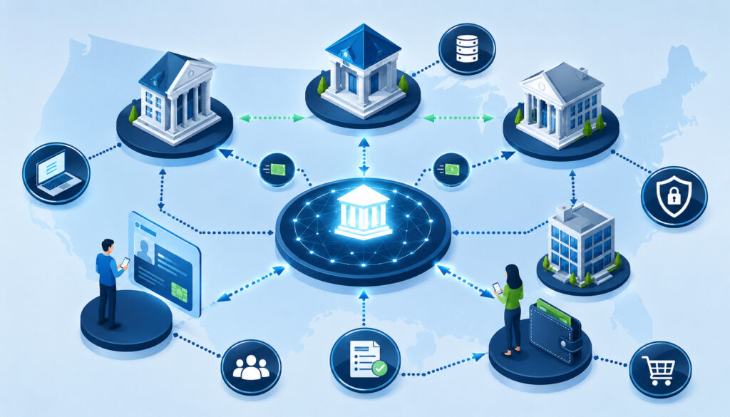ACH network connecting banks, businesses, and customers