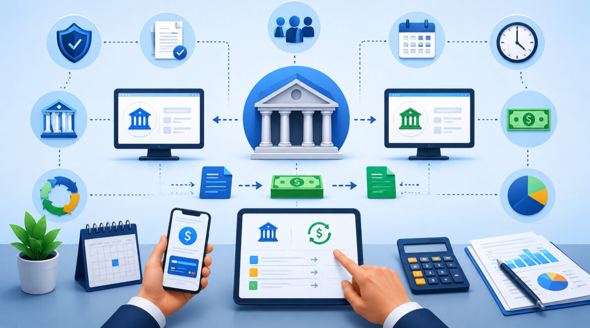 ACH payment terms and digital bank transfer process illustration