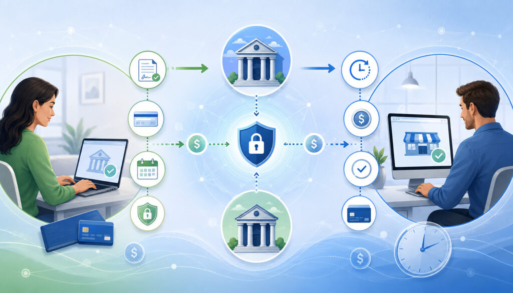 ACH payment processing flow between customer, banks, and business