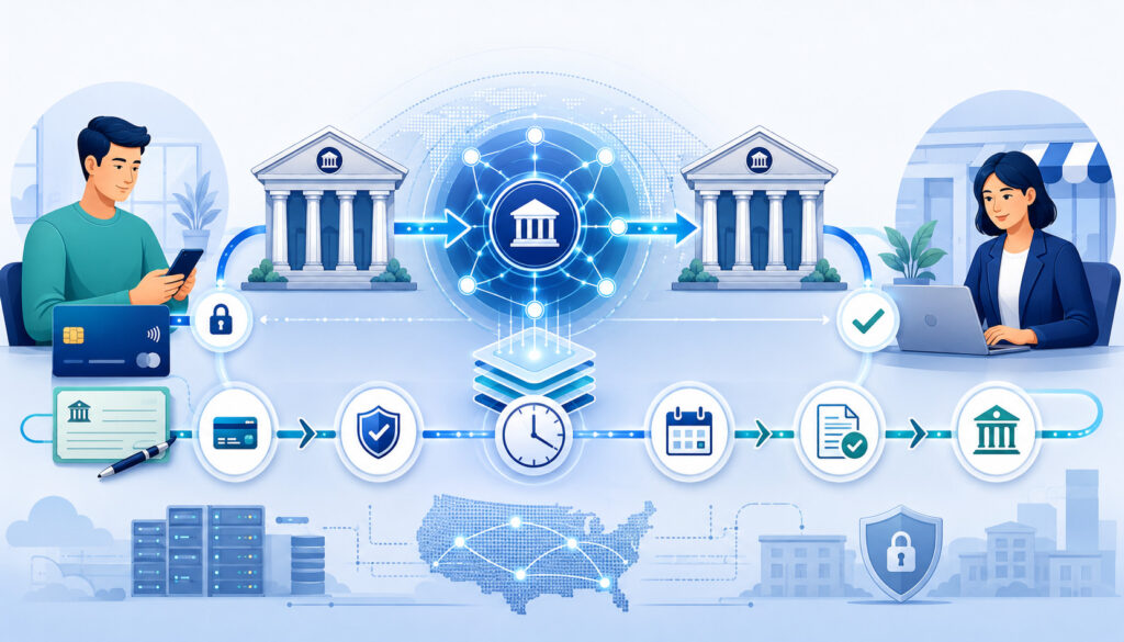 ACH settlement process connecting customers, banks, and businesses securely