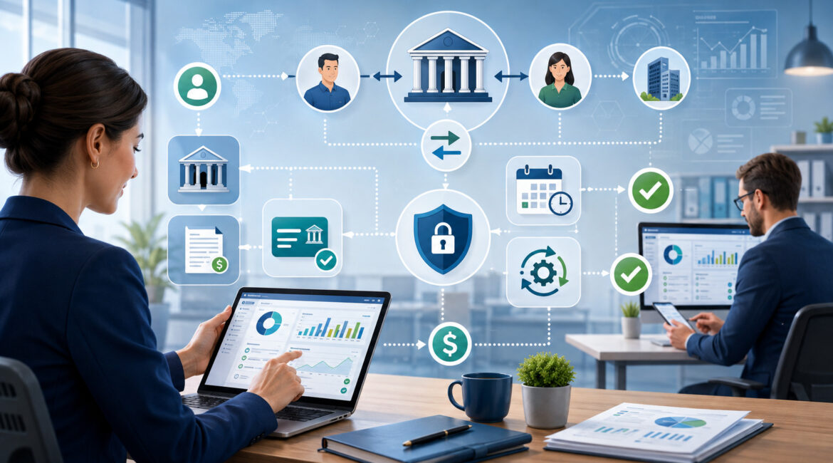 Business professionals managing secure ACH payments and automated bank transfers