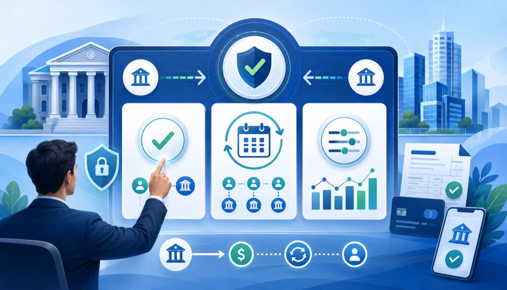 One-time, recurring, and variable ACH authorization options on a secure digital payment dashboard