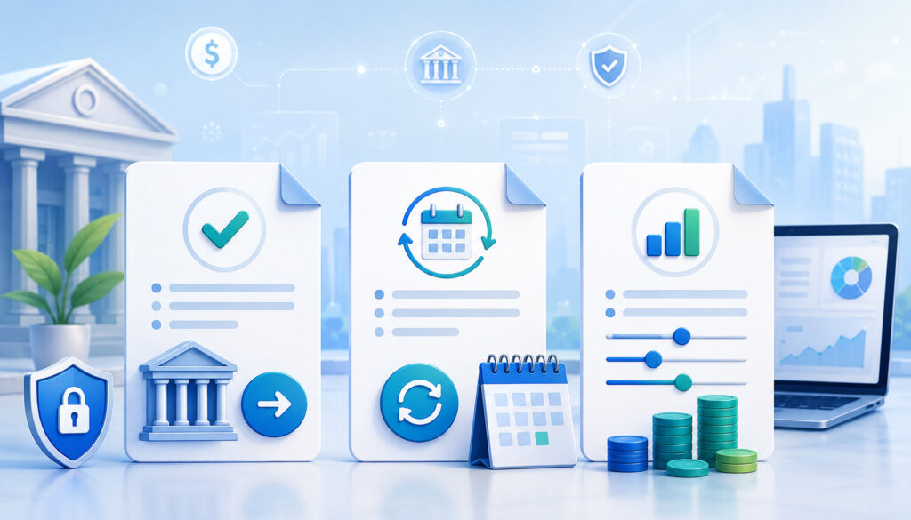 One-time, recurring, and variable ACH authorization forms with secure banking and payment icons