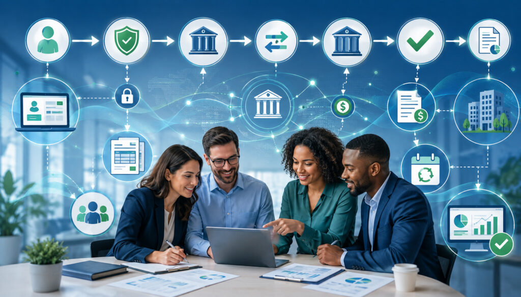 Business team mapping an ACH payment workflow with banking and security icons