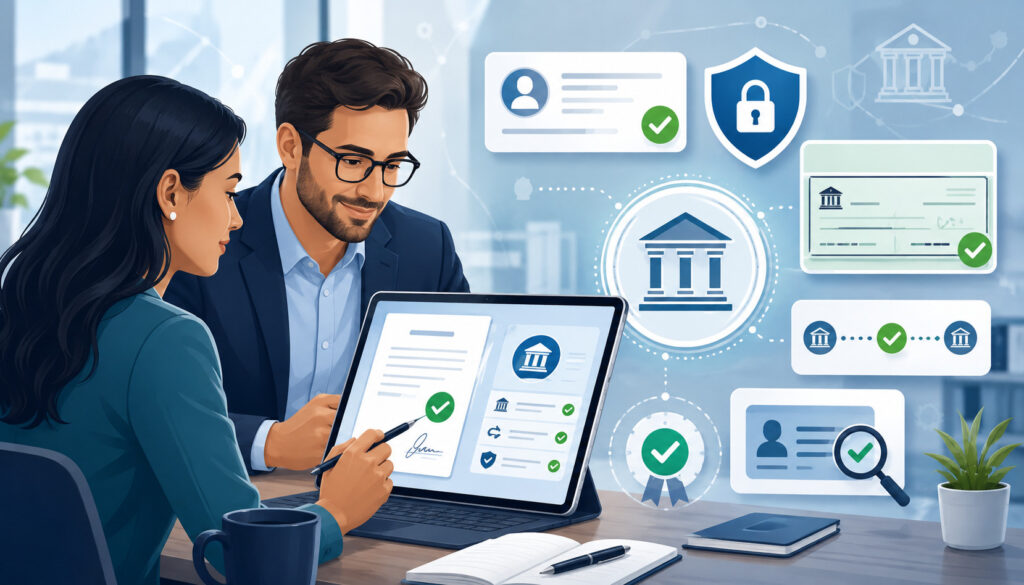 Business professionals verifying ACH authorization and bank details