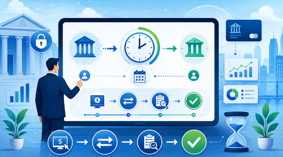 ACH settlement timeline showing secure bank transfers, processing stages, and completion